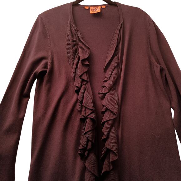 Tory Burch Ladies Black Cotton Open Cardigan Ruffles on Front Size Med - Picture 2 of 7